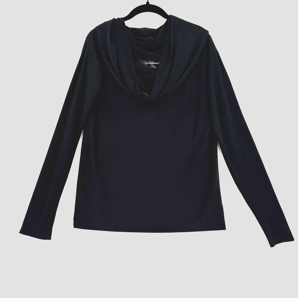 Norma Kamali Black Draped Cowl Neck Top Women L Long Sleeve Stretch Minimalist